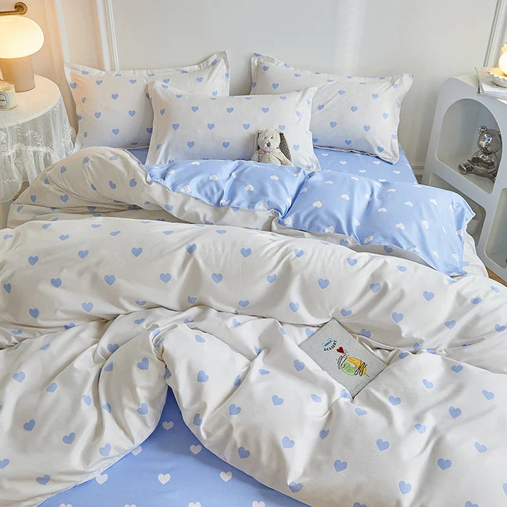 Rynx | Blue White Heart Duvet Cover Set INS Flat Sheet Pillowcase Floral Girls Adults Bedding Single Twin Queen Size Home Bed Linen