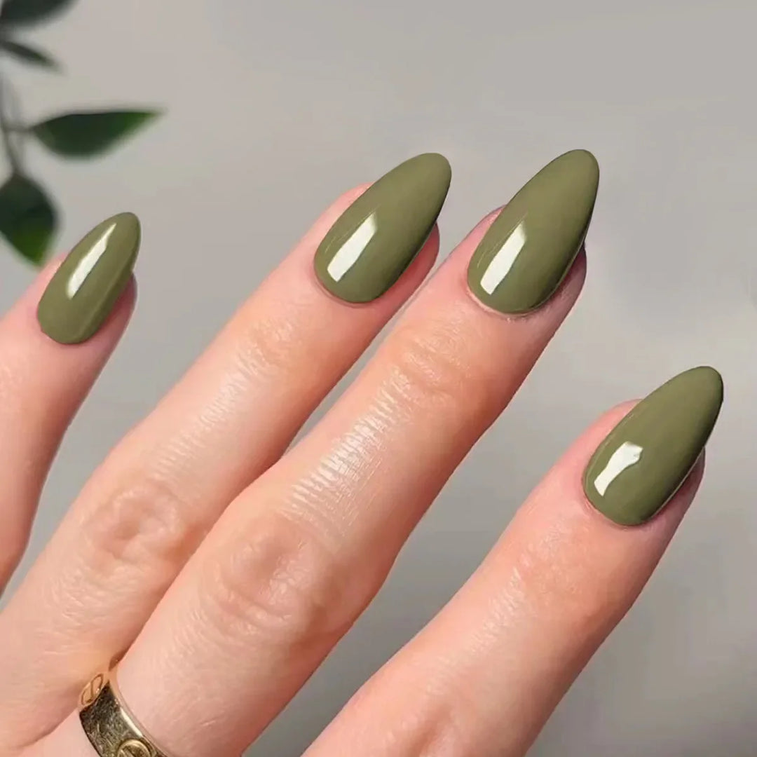 Rynx | Classic Glossy Solid Long Pointed Artificial Nails Brown Green Gray Blue Removable Pre-made Artificial Nails Stick-on Nails with Glue
