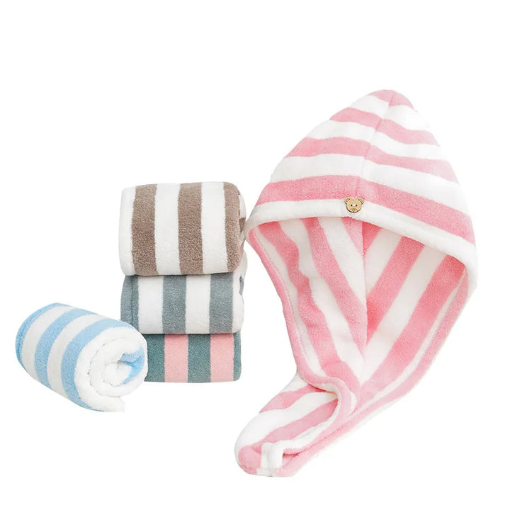 Rynx Microfiber Hair Towel Wrap Thickened Coral Velvet Cationic Dry Hair Cap Water Absorption and Quick Drying Striped Shower Cap