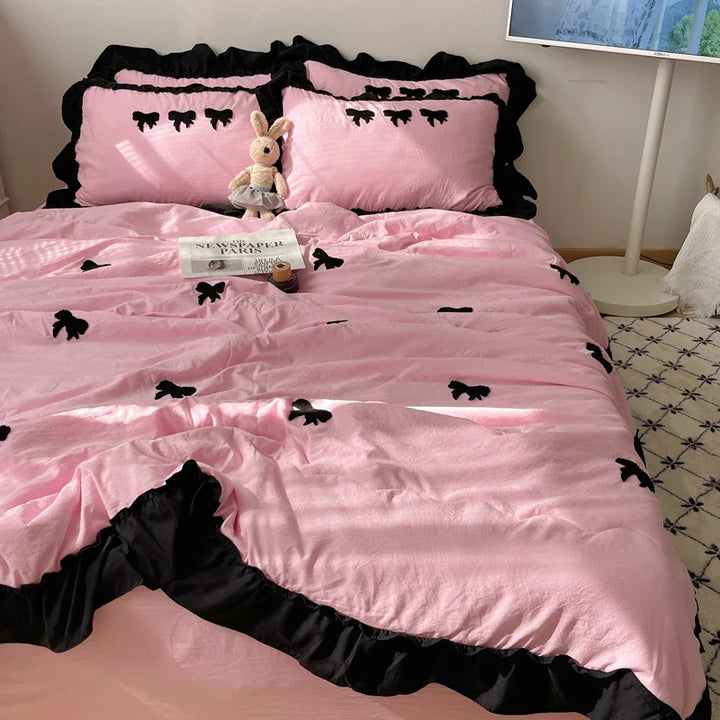 Lisslune | Einfarbige Klimaanlage Quilt Schwarze Schmetterlingsstickerei Einzelne Königin Bettwäsche Einfaches Rüschendesign Mädchen Kinder Quilt