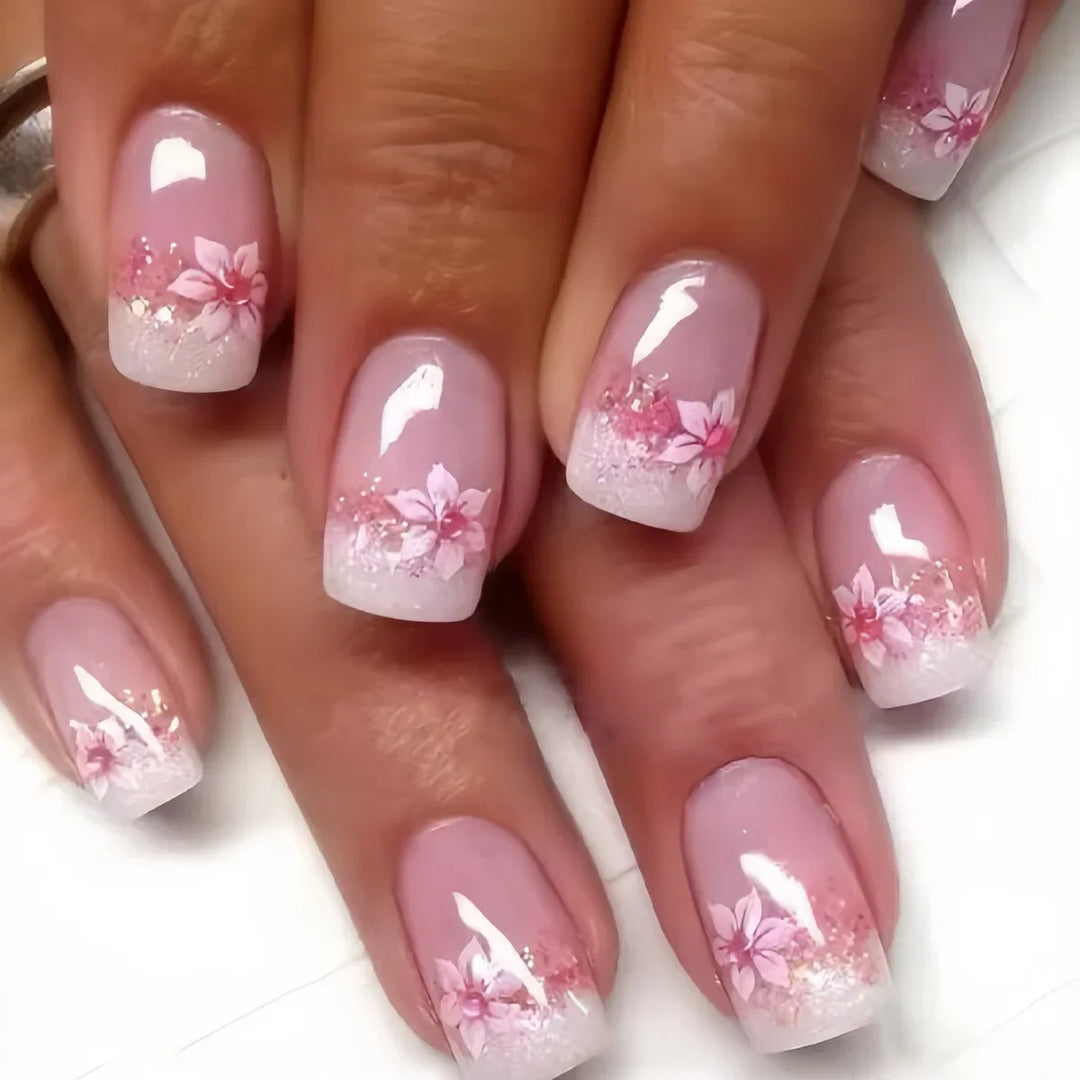Rynx | 24 Piece Square Press-on Nails Set with Pink Flower Patterns Full Coverage Acrylic Nail Tips Glue for Stylish Women/Girls