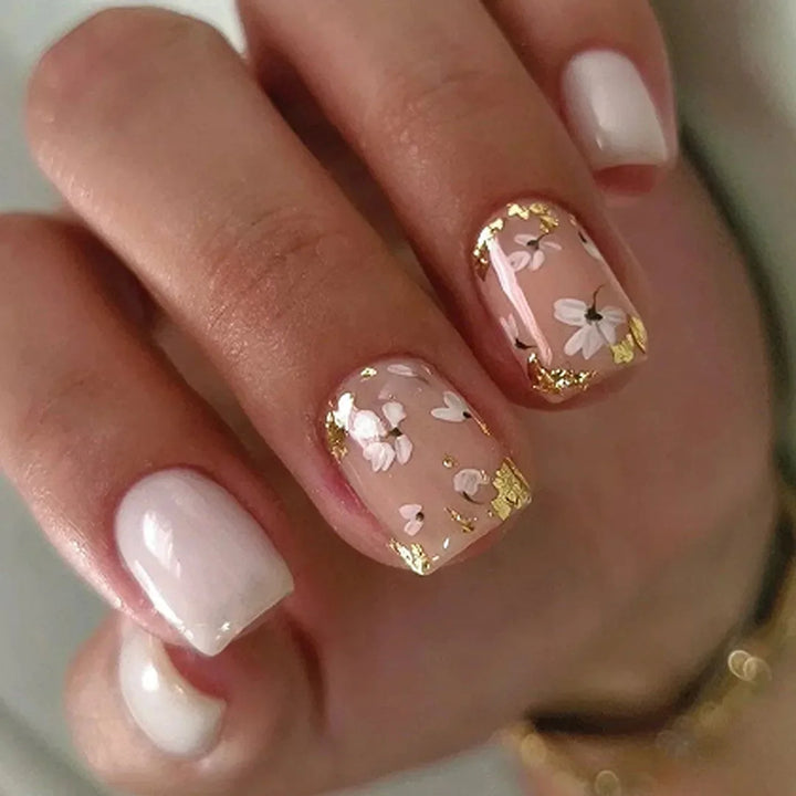 Rynx | Striped plaid pattern Pink flower nail art Simple fashion Spring artificial nails Removable ready-made fingernails press-on nails with glue
