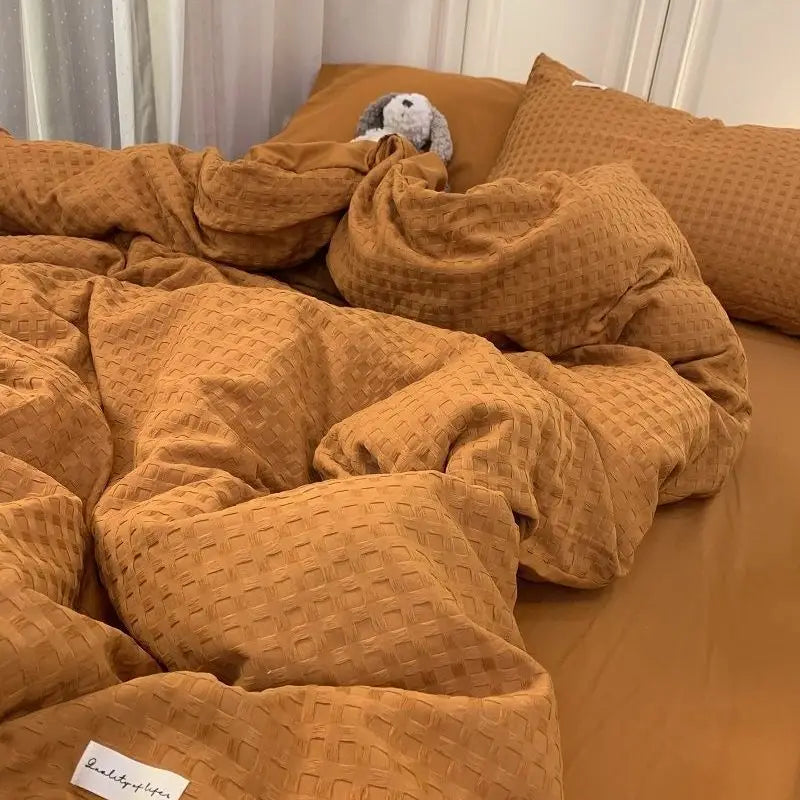 Rynx | Bedding Set Luxury High-Quality Lightweight Washable Cotton Waffle Four Pieces Olive Green Duvet Cover Bed Sheet Dormitory Three Pieces