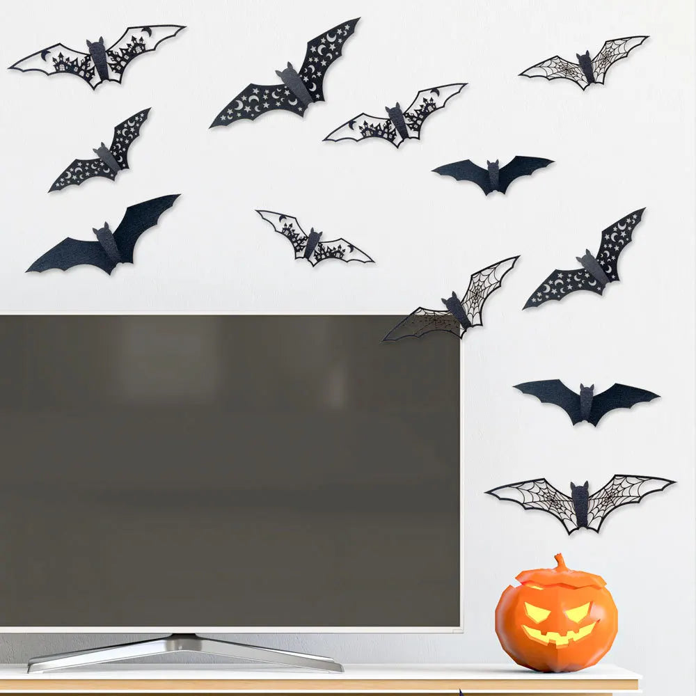Rynx | New 12 Pieces Halloween 3D Hollow Bat Wall Stickers Black Bat Stickers Room Decor Party DIY Stickers Halloween Horror Bats Removable