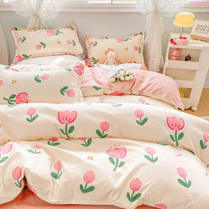 Rynx | New Fashion Bedding Set Ins Floral Single Double Size Duvet Cover Bed Sheet Pillowcase Grid Solid Color Home Girls Bedding