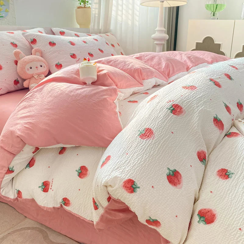 Rynx | In Pink Strawberry Sweet Bedding Set Cartoon Fruit Duvet Cover Soft Queen Full Size Flat Sheet Girls Comforter Pillowcase