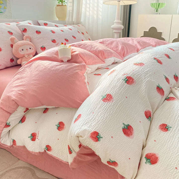 Rynx | In Pink Strawberry Sweet Bedding Set Cartoon Fruit Duvet Cover Soft Queen Full Size Flat Sheet Girls Comforter Pillowcase