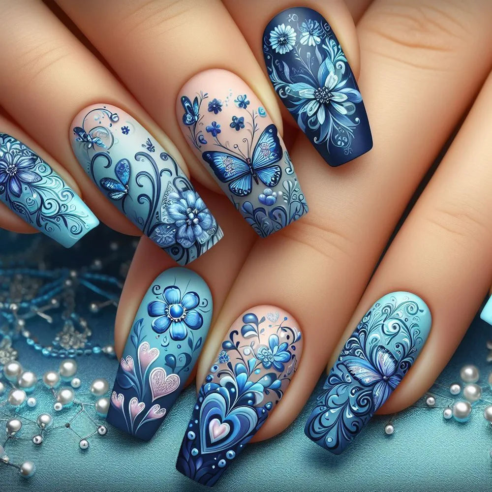 Rynx | 24 pcs. Blue Butterfly Ballet Press-On Nails Art Love Flowers Design Art Nails French Removable Fashion Artificial Nail Tips Manicure