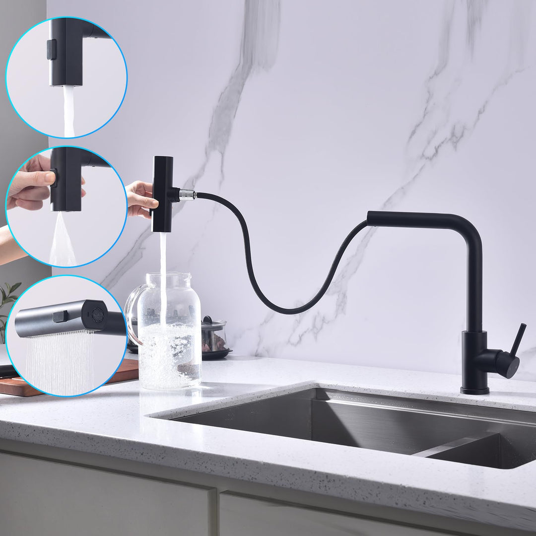 Lisslune | Kitchen Faucet Black, Pull-Out Kitchen Faucet with 3 Spray Types, Sink Faucet with Spray, Kitchen Faucet 360° Swivel, Kitchen Tap Stainless Steel