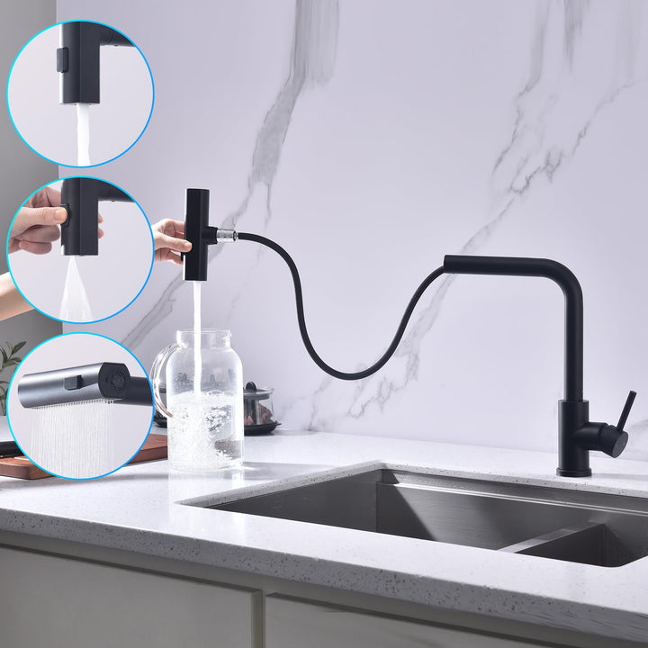 Lisslune | Kitchen Faucet Black, Pull-Out Kitchen Faucet with 3 Spray Types, Sink Faucet with Spray, Kitchen Faucet 360° Swivel, Kitchen Tap Stainless Steel