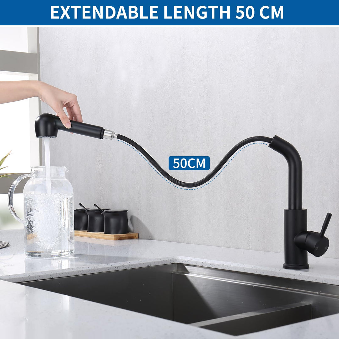 Lisslune | Sink mixer tap with pull-out spray, kitchen faucet with 2 spray types, high-pressure mixing battery 360° swivel