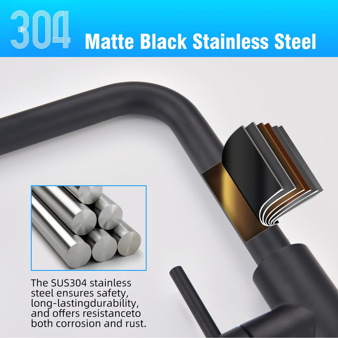 Lisslune | Kitchen Faucet Black, Pull-Out Kitchen Faucet with 3 Spray Types, Sink Faucet with Spray, Kitchen Faucet 360° Swivel, Kitchen Tap Stainless Steel