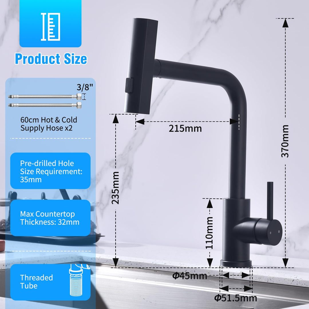 Lisslune | Kitchen Faucet Black, Pull-Out Kitchen Faucet with 3 Spray Types, Sink Faucet with Spray, Kitchen Faucet 360° Swivel, Kitchen Tap Stainless Steel