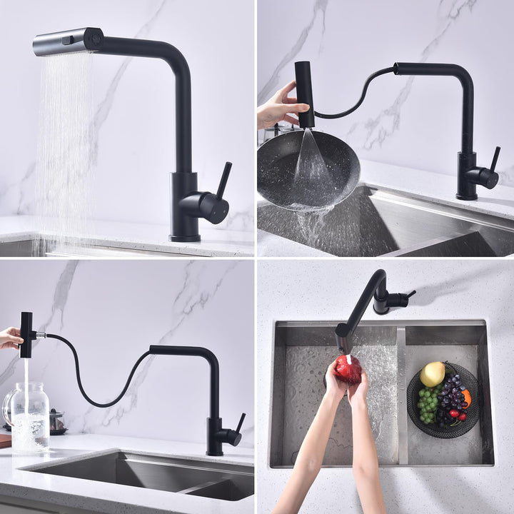 Lisslune | Kitchen Faucet Black, Pull-Out Kitchen Faucet with 3 Spray Types, Sink Faucet with Spray, Kitchen Faucet 360° Swivel, Kitchen Tap Stainless Steel