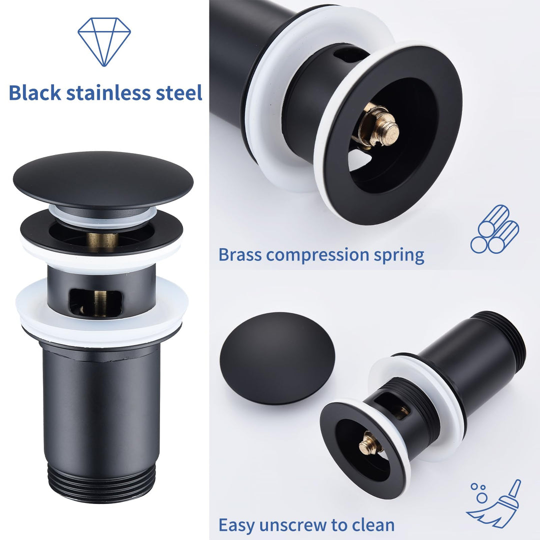 Lisslune | Drain assembly Black Matt with overflow, Universal drain valve drainage assembly for sink, Brass Pop Up drain plug valve for wash basin/sink