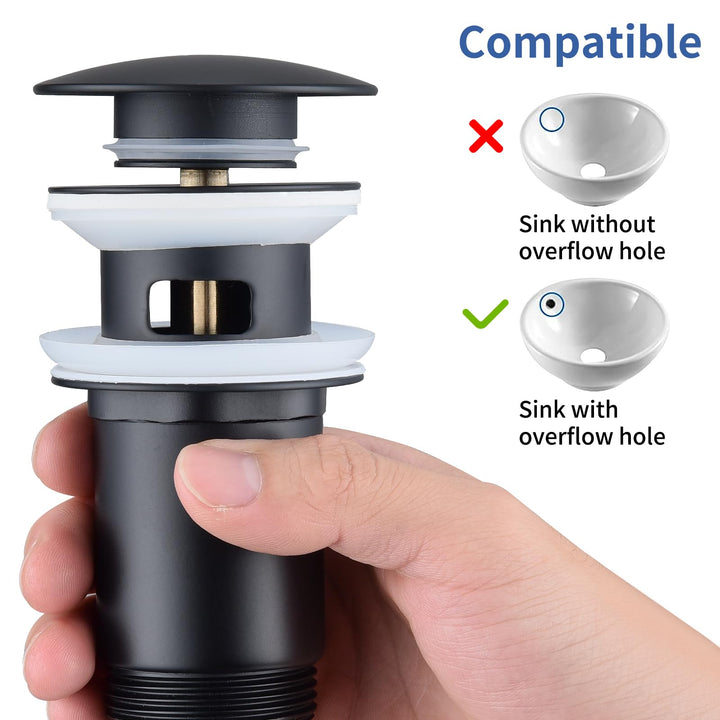 Lisslune | Drain assembly Black Matt with overflow, Universal drain valve drainage assembly for sink, Brass Pop Up drain plug valve for wash basin/sink