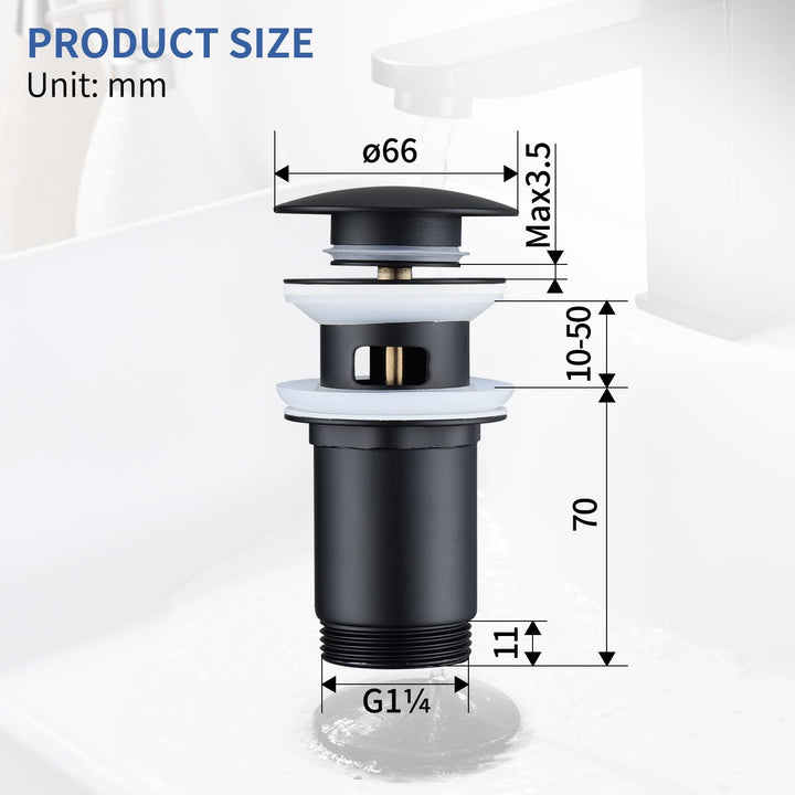 Lisslune | Drain assembly Black Matt with overflow, Universal drain valve drainage assembly for sink, Brass Pop Up drain plug valve for wash basin/sink