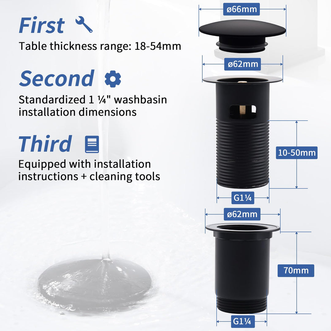 Lisslune | Drain assembly Black Matt with overflow, Universal drain valve drainage assembly for sink, Brass Pop Up drain plug valve for wash basin/sink