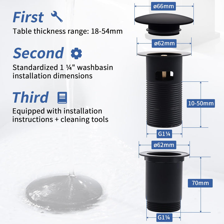 Lisslune | Drain assembly Black Matt with overflow, Universal drain valve drainage assembly for sink, Brass Pop Up drain plug valve for wash basin/sink