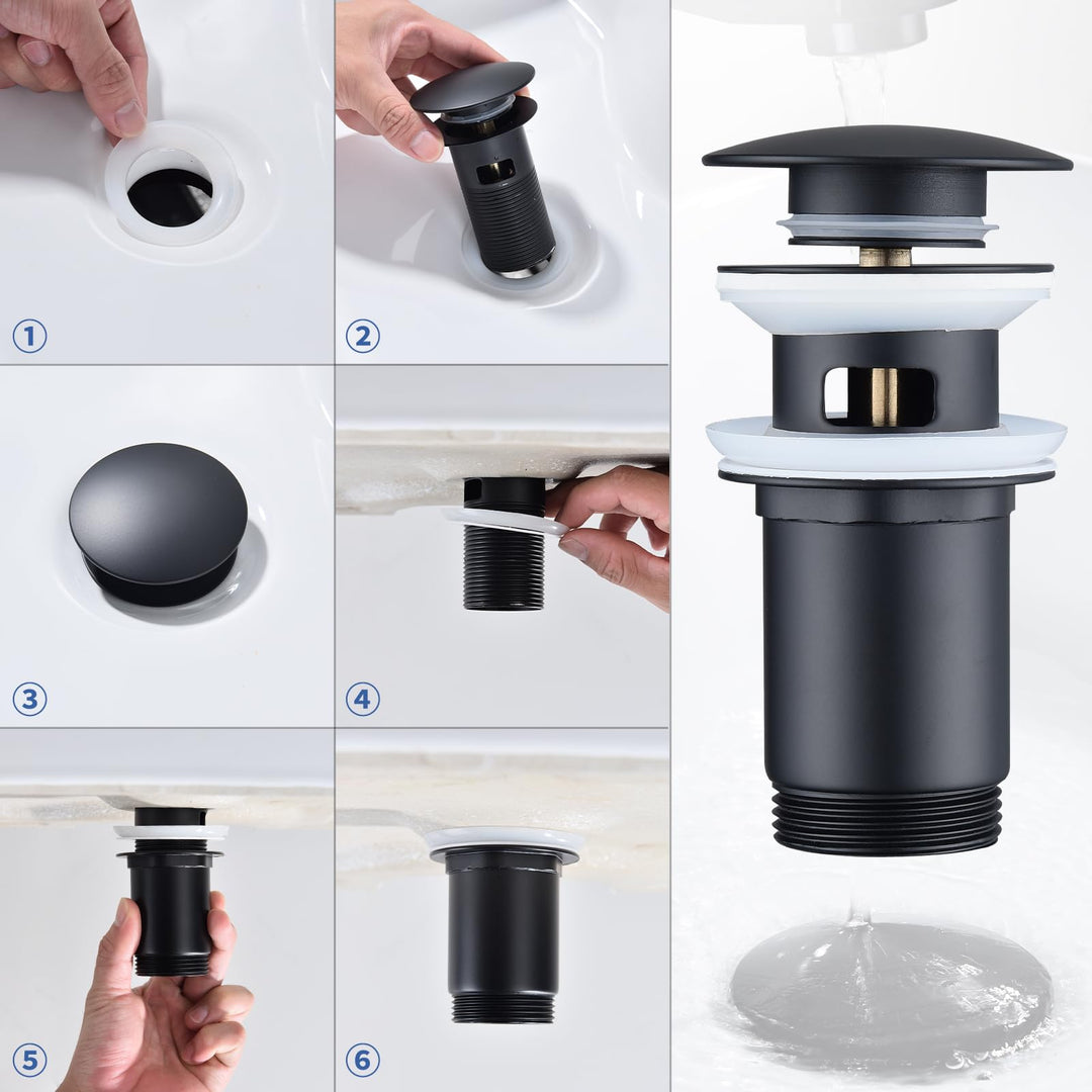 Lisslune | Drain assembly Black Matt with overflow, Universal drain valve drainage assembly for sink, Brass Pop Up drain plug valve for wash basin/sink