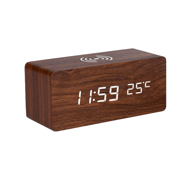 Lisslune | Modern Wooden Alarm Clock Digital LED Charging Pad Alarm Clock Wireless Charger Thermometer