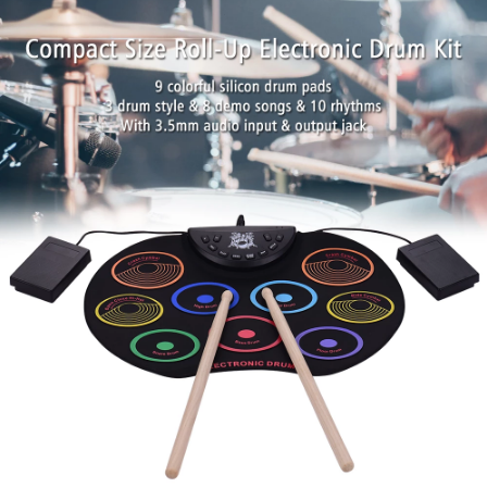 Lisslune | Portable Size Electronic Drum Kit 9 Silicon Pads Folding Set Electronic Drums USB/Battery Powered