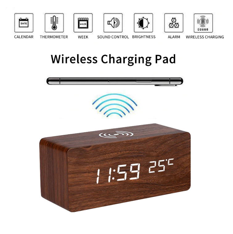 Lisslune | Modern Wooden Alarm Clock Digital LED Charging Pad Alarm Clock Wireless Charger Thermometer