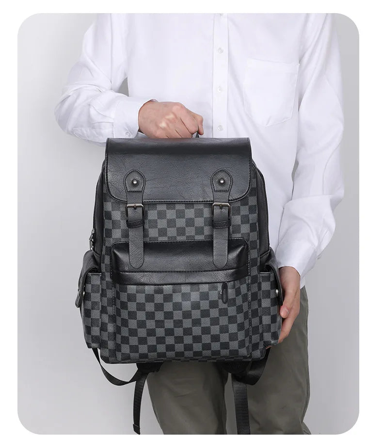 Lisslune | Trendy Checkered Business Versatile Men's Backpack Travel Large Capacity Luxury Brand Design Backpack Men PU Leather School Backpack