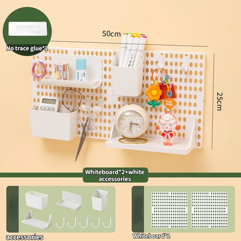 Rynx | Perforated Board Dormitory Wall Shelf Kawaii Home Decor No Drill Adhesive Student Study Wall Mounted Storage Shelf Organizer