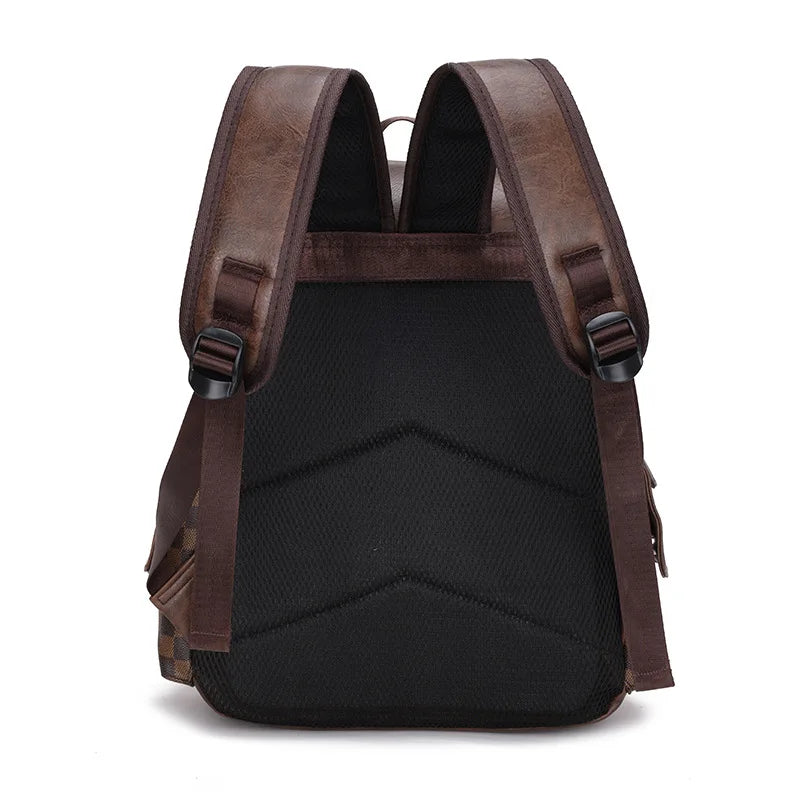 Lisslune | Trendy Checkered Business Versatile Men's Backpack Travel Large Capacity Luxury Brand Design Backpack Men PU Leather School Backpack