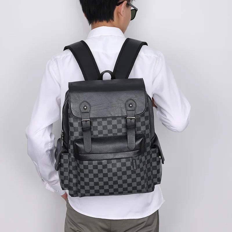 Lisslune | Trendy Checkered Business Versatile Men's Backpack Travel Large Capacity Luxury Brand Design Backpack Men PU Leather School Backpack