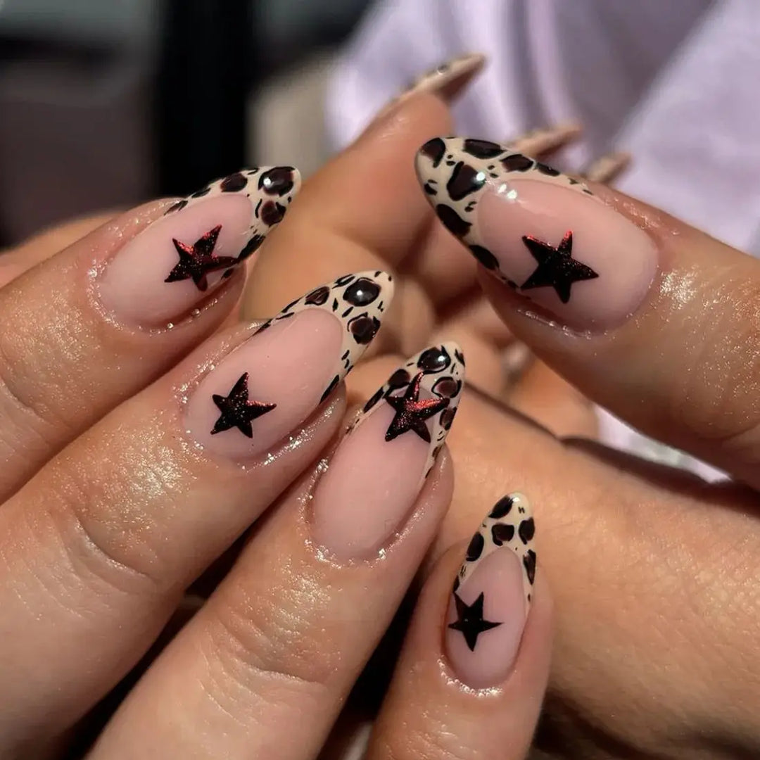 Rynx | Brown Leopard Gradient French Nail Art Red Bow Pearls False Nails Removable Ready-Made False Nails To Stick With Glue