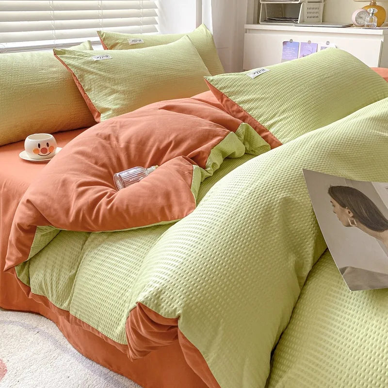 Rynx | Internet Celebrity Waffle Four-piece Set Washed Smooth Bedding Duvet Cover Fitted Sheet Bedding Contrast Color Dormitory Three Pi