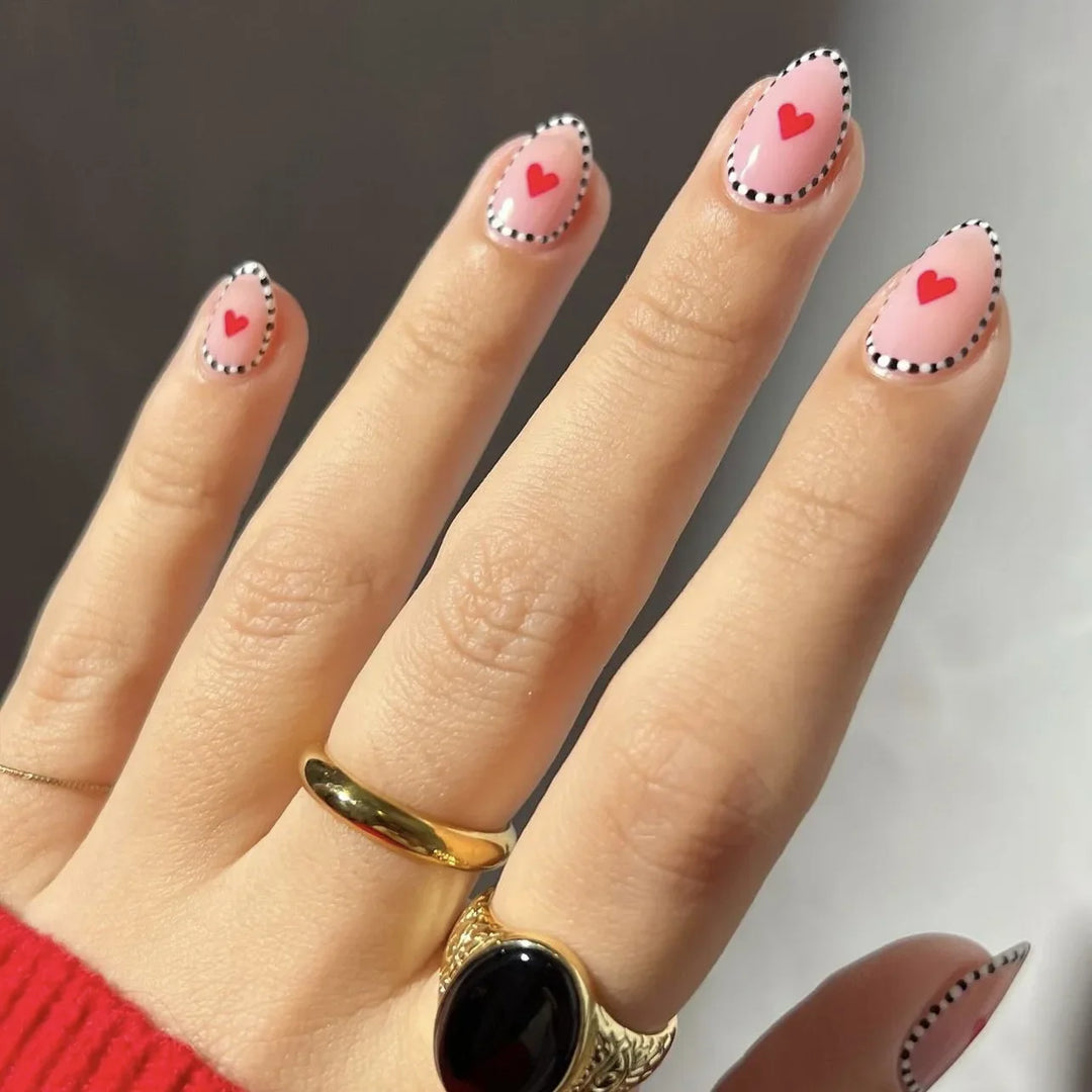 Rynx | Red Love Heart French Sweet Nail Art Nude Pink Artificial Nails Removable Finished Fingernails Valentine's Day Gift Press-on Nails With Glue