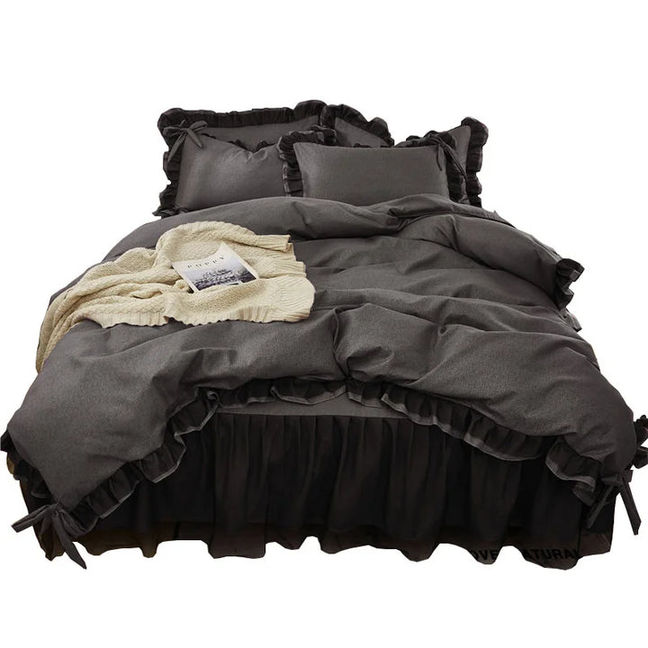 Rynx | Luxury Black Princess Bedding Sets Kawaii Bedskirt Sheets Pillowcase Fashion Girls Duvet Cover 4 Pieces Home Decor