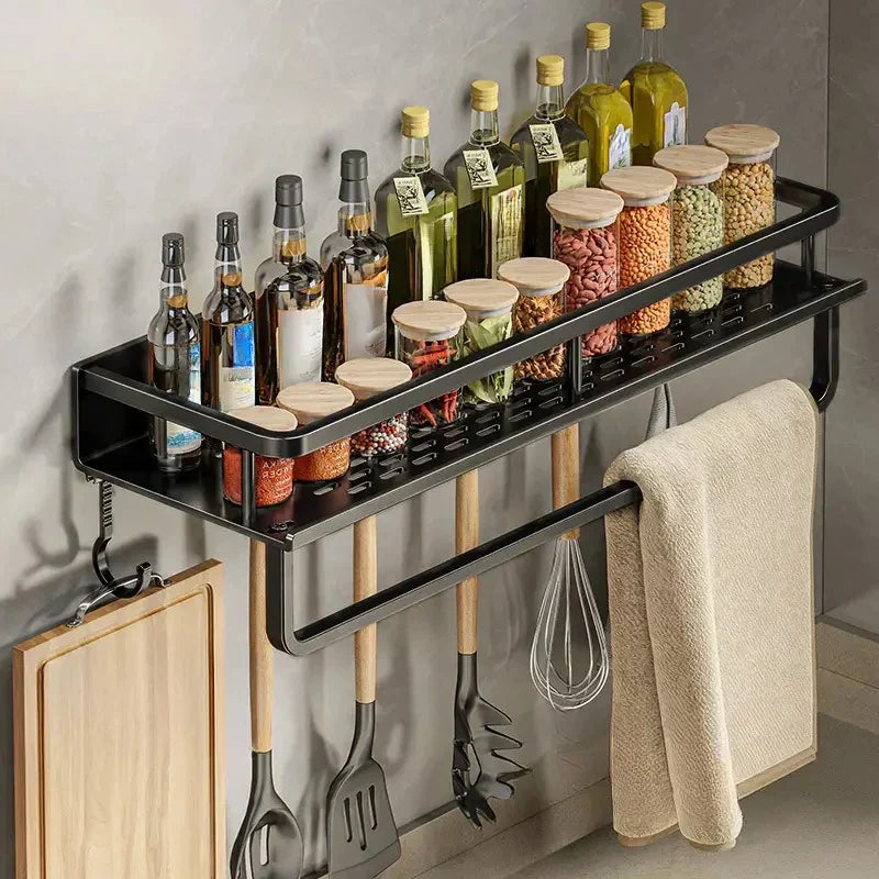 Lisslune | Black Wall-Mounted Kitchen Rack – Spice Shelf with Utensil Hook Bar