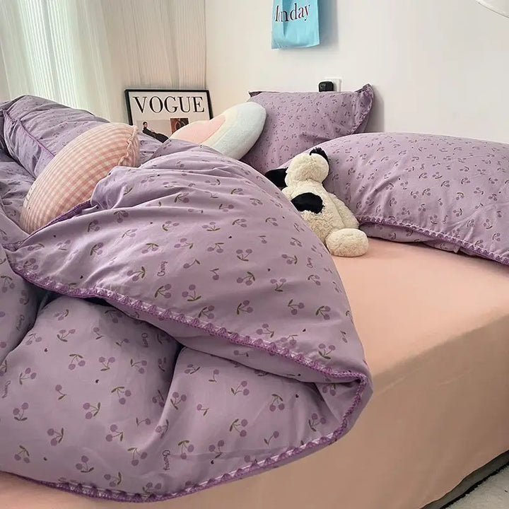 Rynx | Bedding Set Double-Layered Yarn INS Girl Mushroom Soft Washed Cotton Duvet Cover Queen King Size Bedding Pillowcase Bed Sheet
