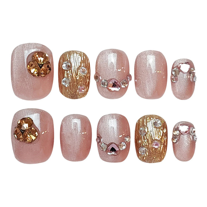 Rynx | 10 pieces Handmade Press-on Nails Shimmering Pink Cat Eye Artificial Nail Tips with Love Diamond Design Portable Korean Short Art Nails