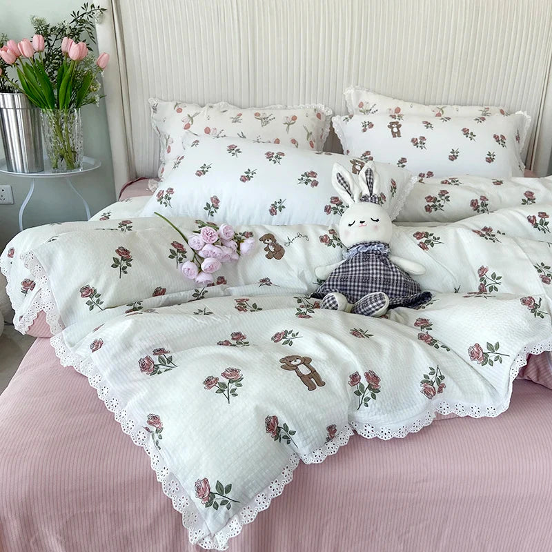 Lisslune | Ins Floral Bettwäsche Set Spitze Romantisch Für Frauen Mädchen Flach Spannbetttuch Mit Orange Kissenbezügen Weiches Gewaschenes Baumwolle Vollgröße