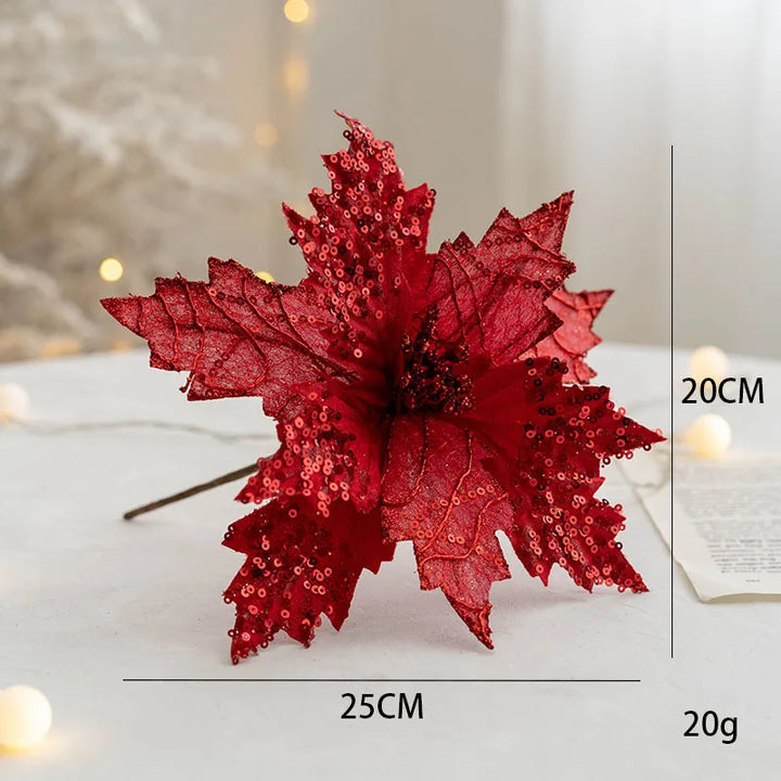 Rynx | 1PC Christmas Gold Silver Artificial Flower Christmas Tree Sequin Artificial Flowers DIY Decorations for Festival Party New Year Decoration