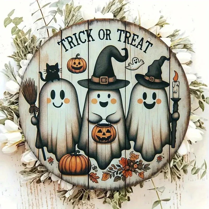 Rynx | 2D Wood Halloween Three Cute Ghosts Broom Spoof Pumpkins 7.9 Inch/20 cm Round Hanging Sign Wall or Door Decoration Wall Art