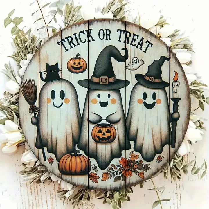 Rynx | 2D Wood Halloween Three Cute Ghosts Broom Spoof Pumpkins 7.9 Inch/20 cm Round Hanging Sign Wall or Door Decoration Wall Art