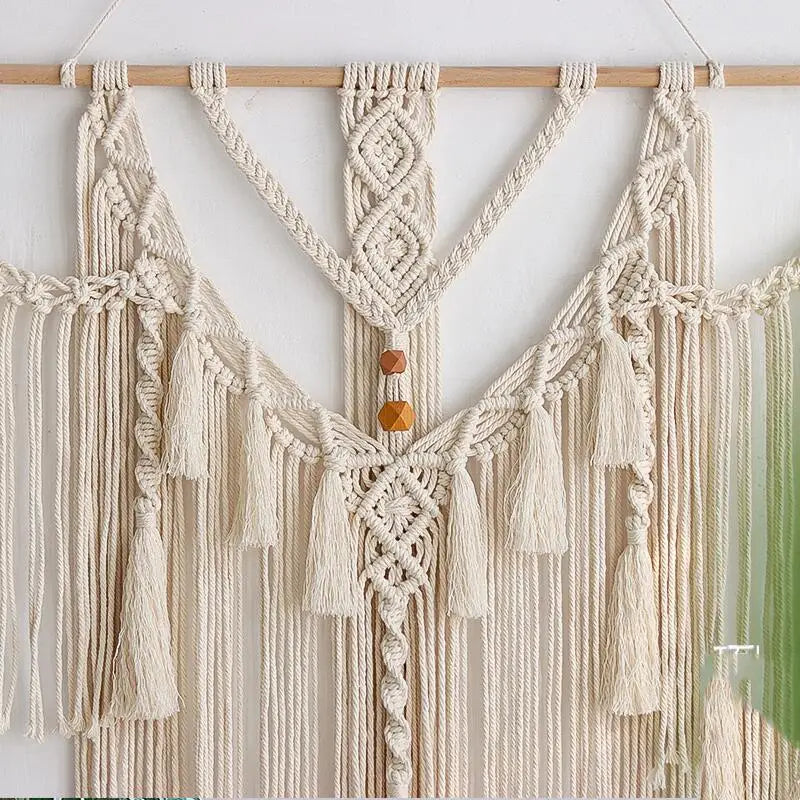 Rynx | Handmade Macrema Wallpaper Wall Tapestry Bohemia Tassel Curtain Wallpaper with Wooden Rod Art Decoration