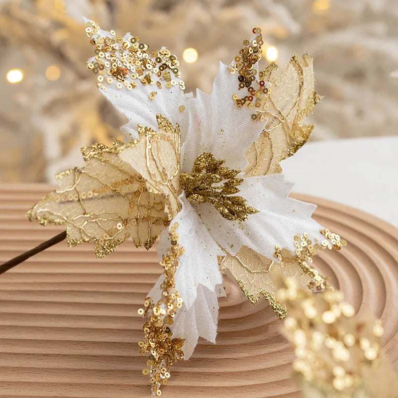 Rynx | 1PC Christmas Gold Silver Artificial Flower Christmas Tree Sequin Artificial Flowers DIY Decorations for Festival Party New Year Decoration