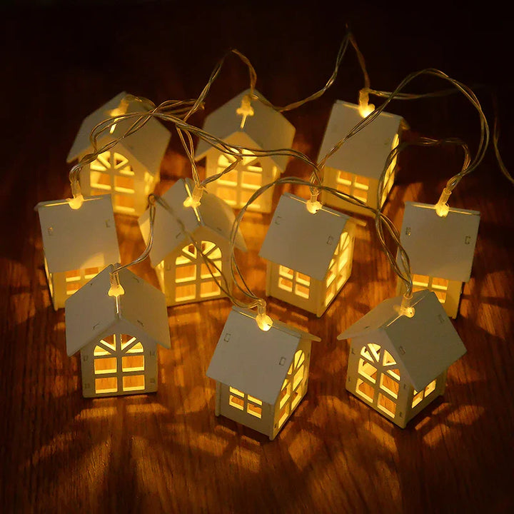 Rynx 2M 10LED Christmas Wooden House LED String Lights 2025 New Year Home Hanging Garland Xmas Tree Ornaments Decorative Lamp