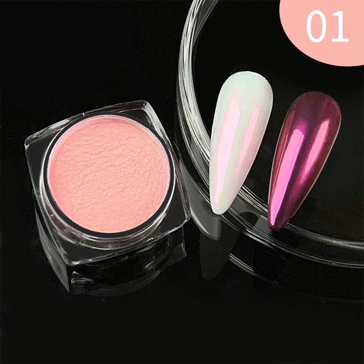 Rynx | Aurora Pearl White Nails Glitter Dust Chrome Gradient Rubbing on Powder Mirror Reflective Magnetic Pigment Nail Art Decorations