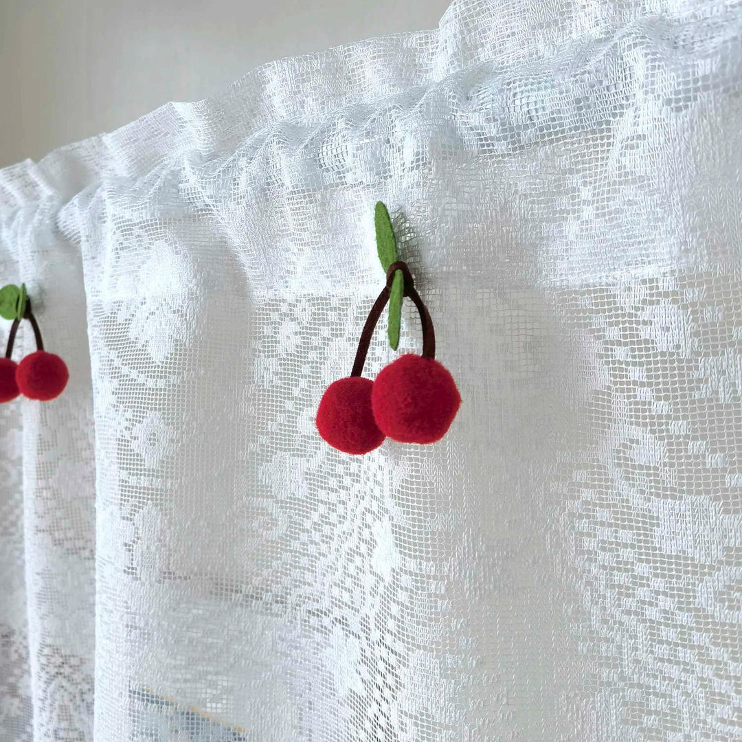 Rynx | White lace embroidery tulle kitchen curtain cherry pentagram wavy short curtain sweet coffee window half curtain