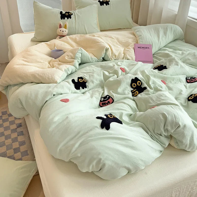 Rynx | Bedding set Super soft washed cotton towel embroidery duvet cover four-piece set - Lucky cat series