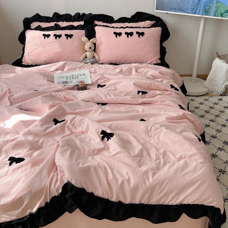 Lisslune | Einfarbige Klimaanlage Quilt Schwarze Schmetterlingsstickerei Einzelne Königin Bettwäsche Einfaches Rüschendesign Mädchen Kinder Quilt