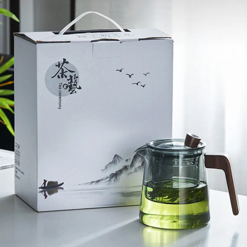 Lisslune | GIANXI Retro Glass Teapot Wood Handle Chinese Tea Ceremony Transparent Teawear Set Cup Filter High Boron Silicon Pot  530ML